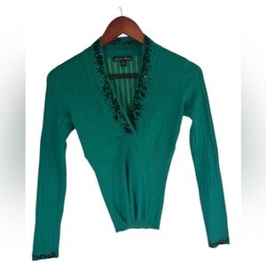 Vintage Lillie Rubin small green fitted top with vneck beading holiday Christmas